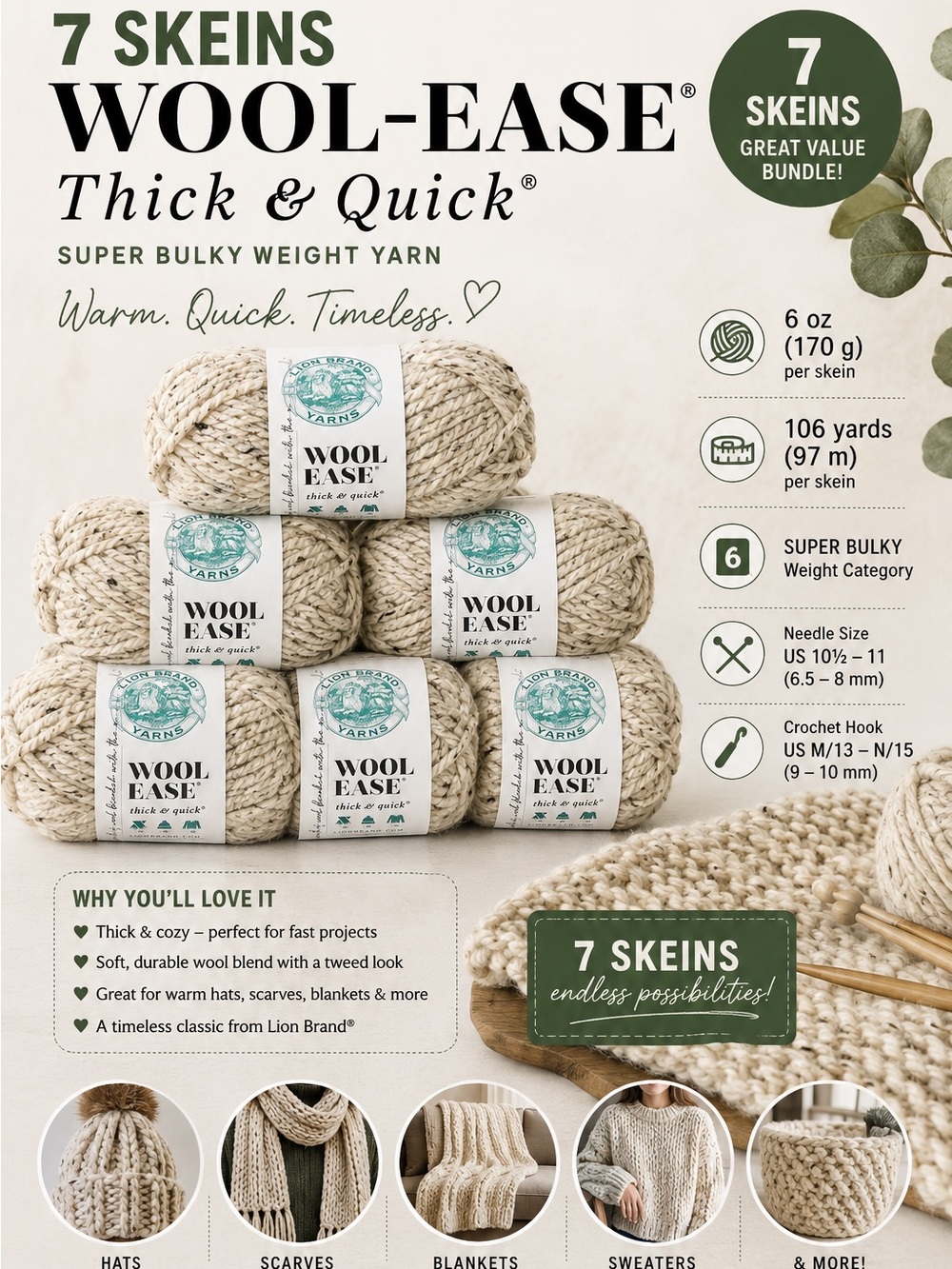 Wool-Ease Thick & Quick Super Bulky Yarn - Natural Cream (7 Skeins)